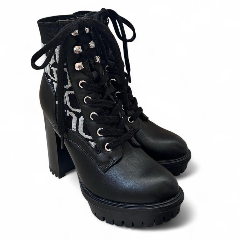 Guess Black and White Lace-Up Heeled Ankle Booties